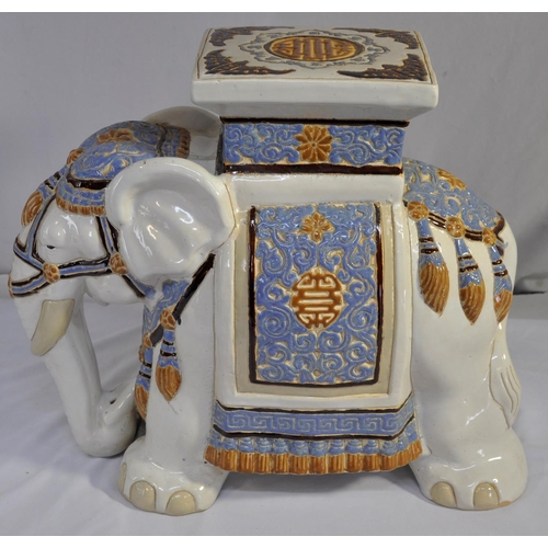 217 - CERAMIC ELEPHANT TABLE/PLANT STAND, 5 DRAWER WICKER UNIT AND BRASS TABLE LAMP (NEEDS PLUG)