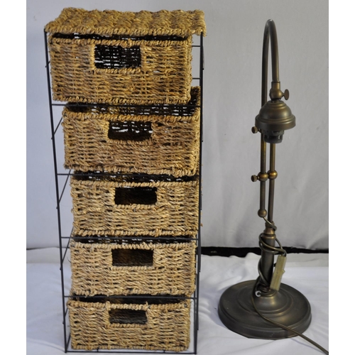 217 - CERAMIC ELEPHANT TABLE/PLANT STAND, 5 DRAWER WICKER UNIT AND BRASS TABLE LAMP (NEEDS PLUG)