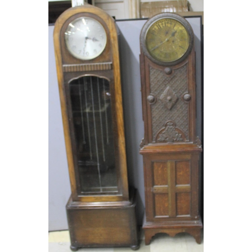 37 - ENFIELD ENGLAND GRANDFATHER CLOCK NO PENDULUM OR WEIGHTS & OAK CASED GRANDFATHER CLOCK WITH ETCH... 