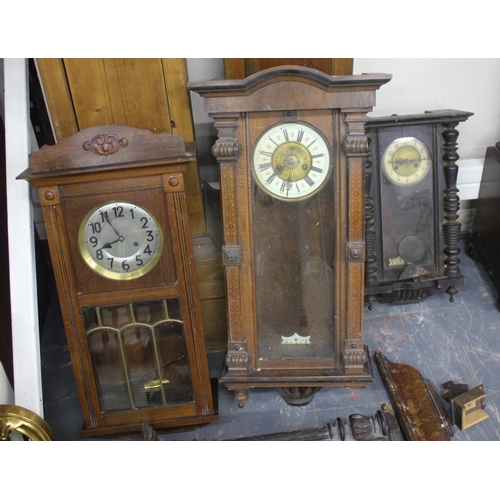 39 - 2 PINE GRANDFATHER CLOCK CASES & 4 WALL CLOCKS - ALL INCOMPLETE