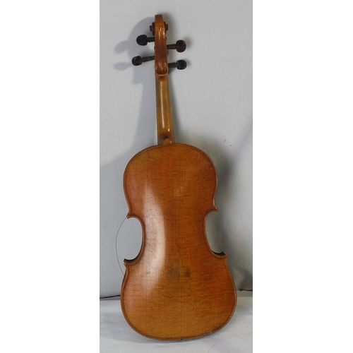 59 - VIOLIN & BOW IN HARD CASE - IN NEED OF REPAIR (58.5cm TOTAL LENGTH, BODY 14