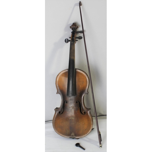 63 - VIOLIN & BOW IN HARD CASE - IN NEED OF REPAIR (59cm TOTAL LENGTH, BODY 14