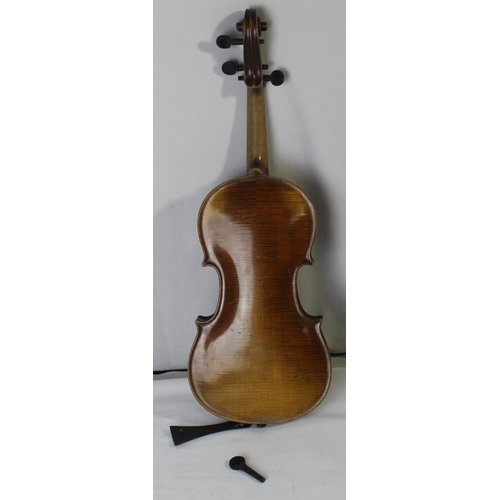 63 - VIOLIN & BOW IN HARD CASE - IN NEED OF REPAIR (59cm TOTAL LENGTH, BODY 14