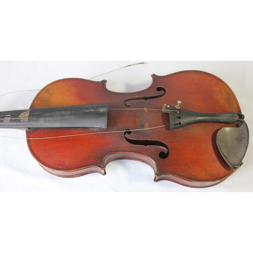 64 - VIOLIN & BOW IN HARD CASE - IN NEED OF REPAIR (59cm TOTAL LENGTH, BODY 14