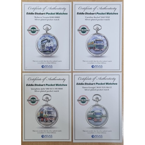 88 - 4 EDDIE STOBART POCKET WATCHES AND 3 SETS OF EDDIE STOBART COASTERS WITH 4 CERTIFICATES