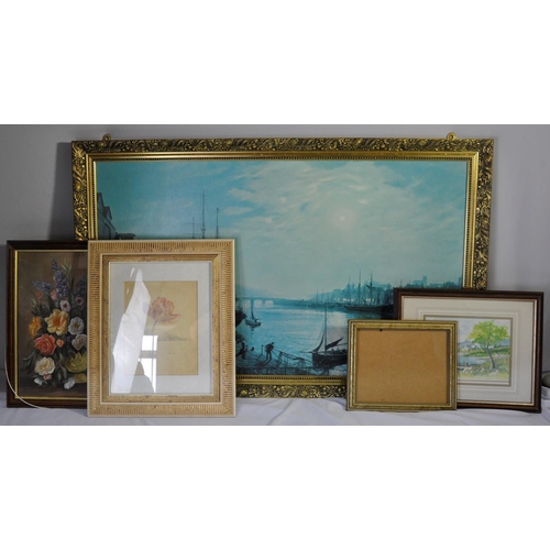 13 - LARGE GILT FRAMED PICTURE - NO GLASS (71x112cm), 3 OTHER FRAMED PICTURES & 1 PICTURE FRAME