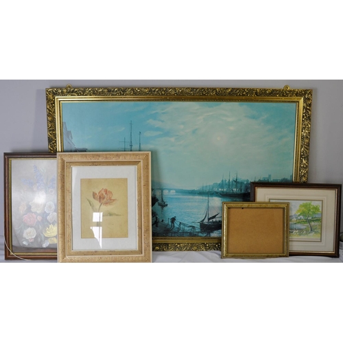 13 - LARGE GILT FRAMED PICTURE - NO GLASS (71x112cm), 3 OTHER FRAMED PICTURES & 1 PICTURE FRAME