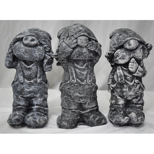 130 - 5 GARDEN ORNAMENTS - MINNIE MOUSE, MICKEY MOUSE AND 3 GNOMES (HEAR, SEE, SPEAK NO EVIL)