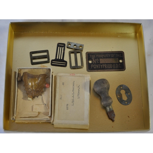 47 - MISCELLANEOUS - CUTLERY, TABLE WINDING KEY, PAIR 19TH CENTURY BRASS VASES, ALUMINIUM SAND CAST TRAY ... 