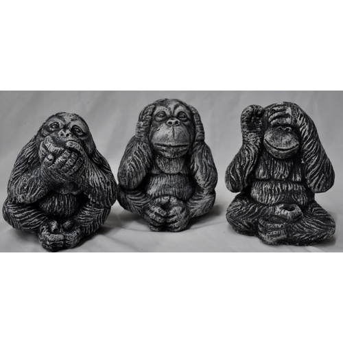 169 - 5 GARDEN ORNAMENTS - 3 MONKEYS (SEE, HEAR, SPEAK NO EVIL), KITTEN SLEEPING IN A BOOT AND A CHIMPANZE... 