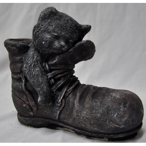 169 - 5 GARDEN ORNAMENTS - 3 MONKEYS (SEE, HEAR, SPEAK NO EVIL), KITTEN SLEEPING IN A BOOT AND A CHIMPANZE... 