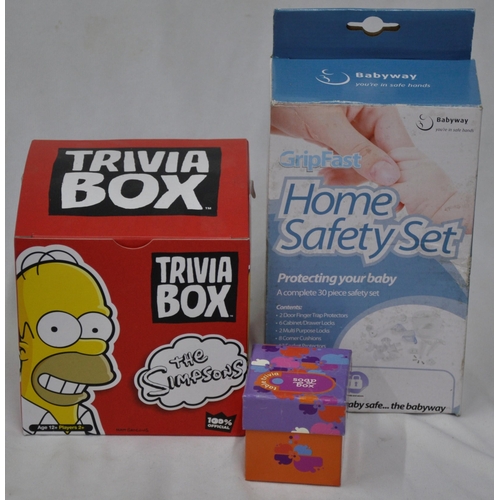 170 - 2 BOXES MISCELLANEOUS: 3 POKER SETS, SIMPSON TRIVIA, CHILD'S HELMET, TEDDY, HEIGHT CHART ETC