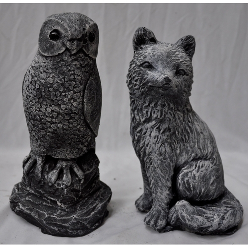 171 - 3 GARDEN ORNAMENTS - PAINTED ROTTWELIER PUPPY, FOX AND OWL