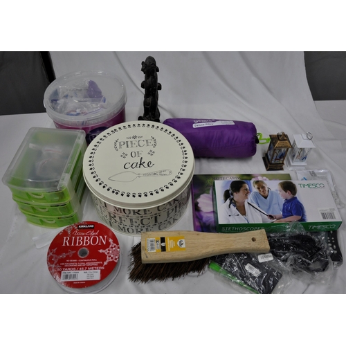 193 - BOX MISC GOODS: BREAD BIN, LIGHT FTTINGS, DUSTPAN, BRUSH, TEA LIGHT HOLDERS, TIMESCO STETHOSCOPE, GE... 