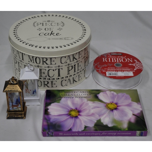 193 - BOX MISC GOODS: BREAD BIN, LIGHT FTTINGS, DUSTPAN, BRUSH, TEA LIGHT HOLDERS, TIMESCO STETHOSCOPE, GE... 