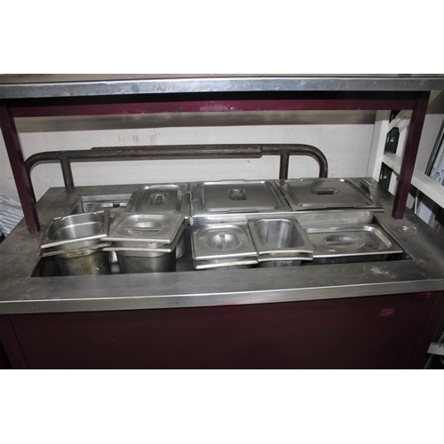 204 - MOFFAT STAINLESS STEEL HEATED CUPBOARD WITH GANTRY LIGHTS - INCORRECT POTS & POTS MISSING (L120,... 