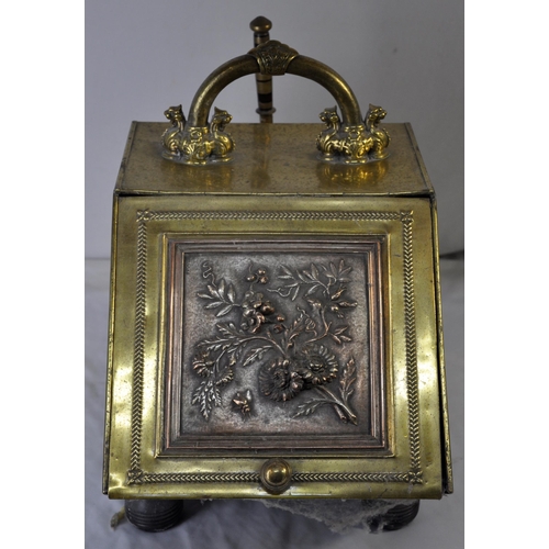 221 - BRASS COAL SCUTTLE WITH SHOVEL AND BRASS FIRE COMPANION SET