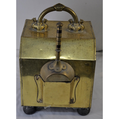 221 - BRASS COAL SCUTTLE WITH SHOVEL AND BRASS FIRE COMPANION SET