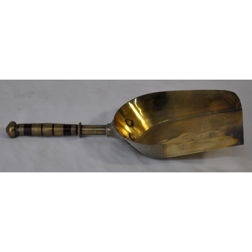 221 - BRASS COAL SCUTTLE WITH SHOVEL AND BRASS FIRE COMPANION SET