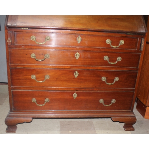 231 - MAHOGANY DROP FRONT BUREAU WITH FITTED INTERIOR AND BRASS DROP HANDLES