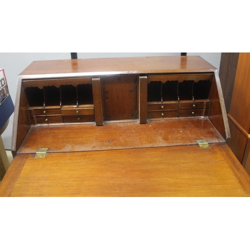 231 - MAHOGANY DROP FRONT BUREAU WITH FITTED INTERIOR AND BRASS DROP HANDLES