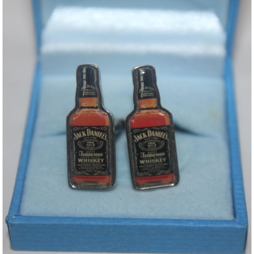 350 - 2 PAIR CUFFLINKS: PAIR MARKED STERLING SILVER IN PRESENTATION BOX & PAIR JACK DANIELS BOTTLE CUF... 