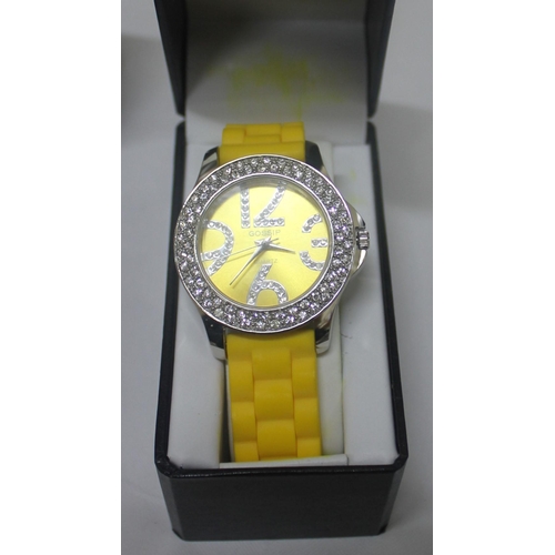 384 - 2 LADIES WATCHES: MARCEL DRUCKER STONE SET OVAL FACE WATCH IN BOX & NEW BOXED YELLOW 'GOSSIP' ST... 