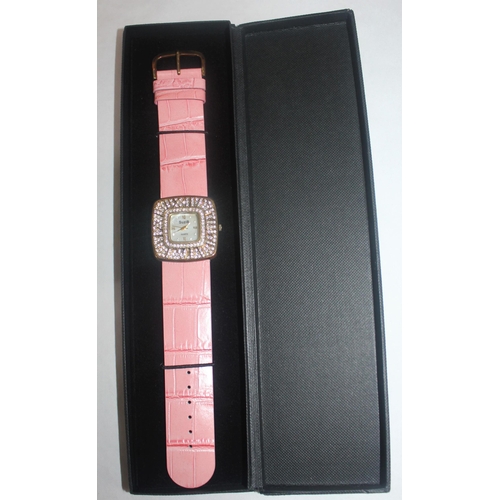 387 - 2 NEW & BOXED LADIES WATCHES: SUZIE B STONE SET WATCH ON PINK LEATHER STRAP & MARCEL DRUCKER... 