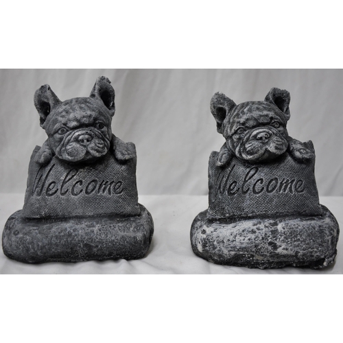 39 - 3 GARDEN ORNAMENTS - 2 WELCOME FRENCHIES AND DOG IN A RACECAR GARDEN ORNAMENT