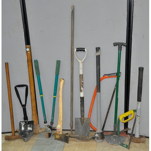 12 - VARIOUS TOOLS: PICK AXES, SLEDGEHAMMERS, FOLDING SPADE ETC