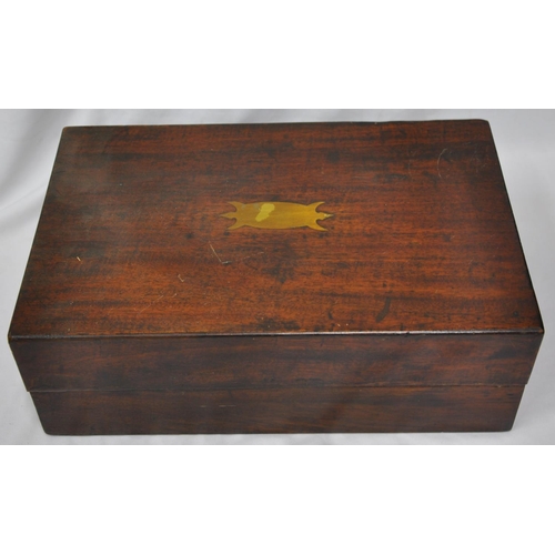 86 - MAHOGANY WRITING SLOPE - DAMAGED HINGE AND INLAID TEA CADDY