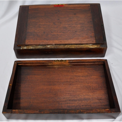 86 - MAHOGANY WRITING SLOPE - DAMAGED HINGE AND INLAID TEA CADDY