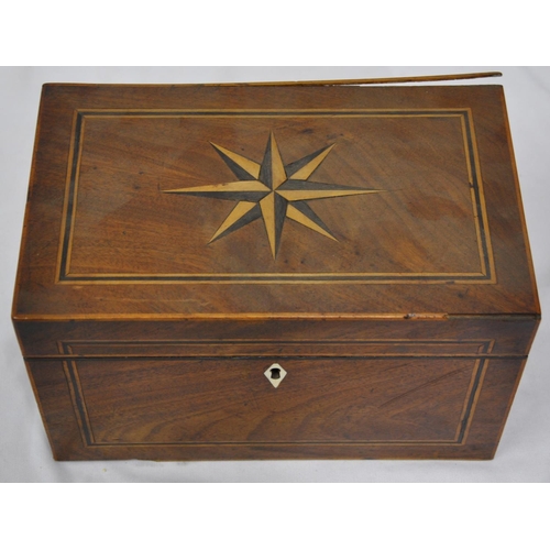 86 - MAHOGANY WRITING SLOPE - DAMAGED HINGE AND INLAID TEA CADDY