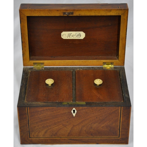 86 - MAHOGANY WRITING SLOPE - DAMAGED HINGE AND INLAID TEA CADDY