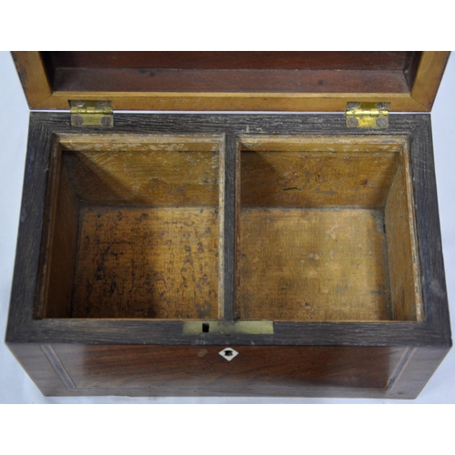 86 - MAHOGANY WRITING SLOPE - DAMAGED HINGE AND INLAID TEA CADDY