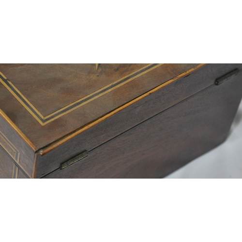 86 - MAHOGANY WRITING SLOPE - DAMAGED HINGE AND INLAID TEA CADDY