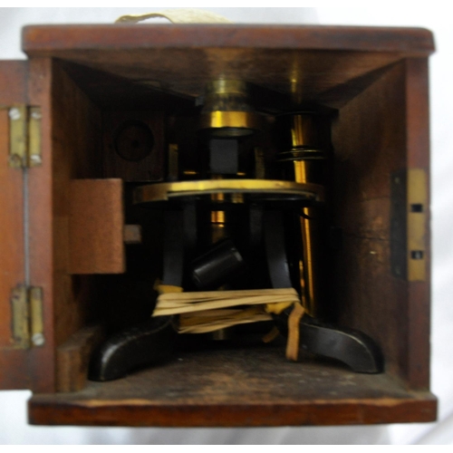 88 - WITHDRAWN - HENRY CROUCH MEDICAL STUDENT BRASS MICROSCOPE IN WOODEN BOX