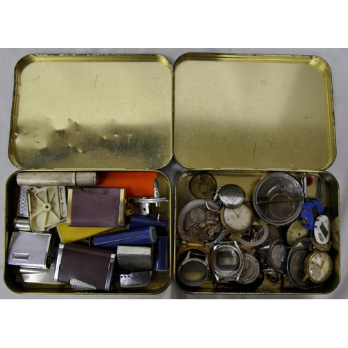 100 - 5 TINS OF WATCH PARTS AND LIGHTERS