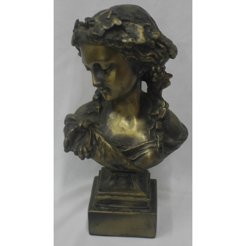 139 - BRONZE EFFECT BUST, FIGURINE AND 2 ART DECO PLAQUES