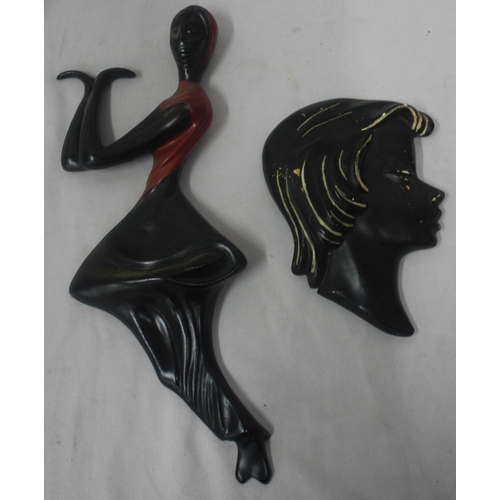 139 - BRONZE EFFECT BUST, FIGURINE AND 2 ART DECO PLAQUES