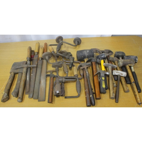 294 - BOX OF HAMMERS, HAND DRILLS AND FILES