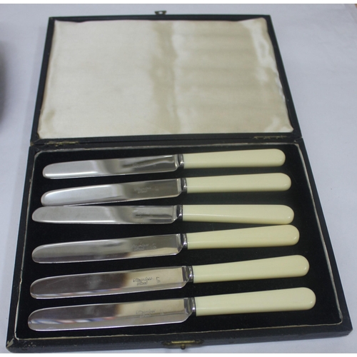 344 - VINTAGE ALABASTER RONSON TABLE LIGHTER, BRASS TRINKET BOX & SET OF 6 FRUIT KNIVES IN PRESENTATIO... 