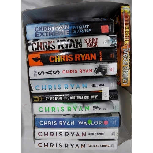 243 - 3 BOXES BOOKS: CHRIS RYAN HARDBACK BOOKS, HEALTH BOOKS, 2 FITNESS DVDs ETC