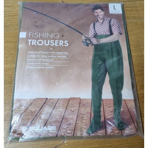 76 - FISHING RODS, 2 PAIR OF WADERS, NEW PAIR OF FISHING TROUSERS