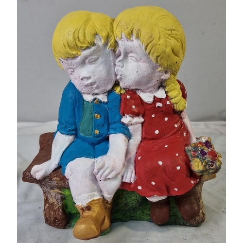 99 - BOY AND GIRL ON BENCH CONCRETE ORNAMENT - PAINTED. 13