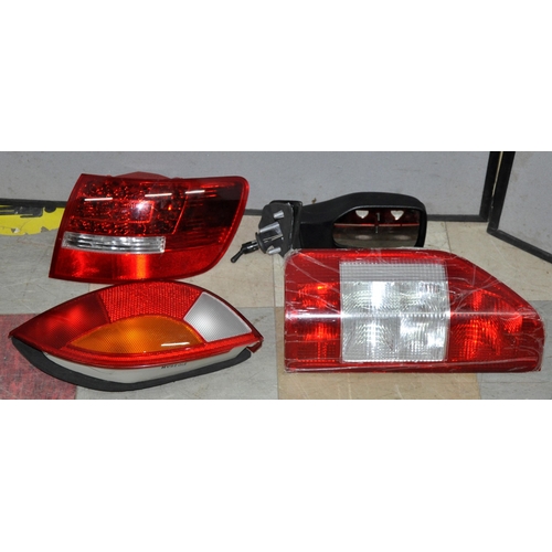 127 - VARIOUS CAR / VAN LIGHTS AND 1 WING MIRROR - ON 2 SHELVES