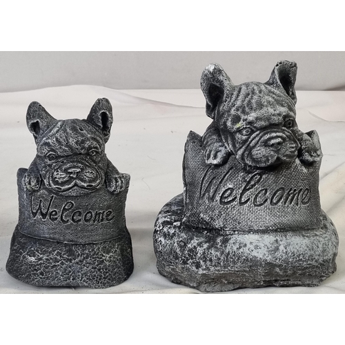 151 - 3 GARDEN ORNAMENTS - 1 ROTTWELIER PUPPY, 2 WELCOME FRENCHIES (DIFFERENT SIZES). PUPPY 12