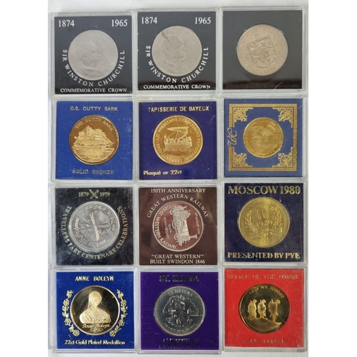 343 - 12 COMMEMORATIVE COINS AND MEDALLIONS: 2 WINSTON CHURCHILL CROWNS (1874 - 1965), ST HELENA ELIZABETH... 