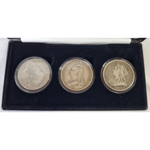 344 - JUBLIEE MINT 'THE QUEEN VICTORIA SILVER CROWN COLLECTION' 3 COIN SET IN DISPLAY CASE WITH CERTIFICAT... 