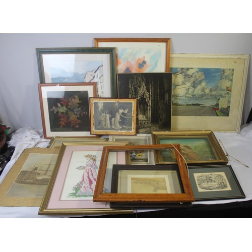 55 - VARIOUS FRAMED AND UNFRAMED PICTURES - PRINTS AND OILS INCLUDING: GILT FRAMED OIL PAINTING OF VILLAG... 